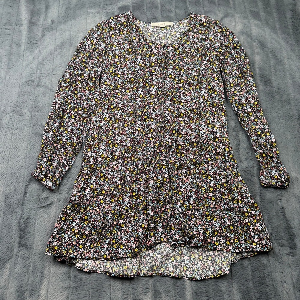 LOFT Petites Floral Long Sleeve Mini Dress Black Multi XXSP 14731